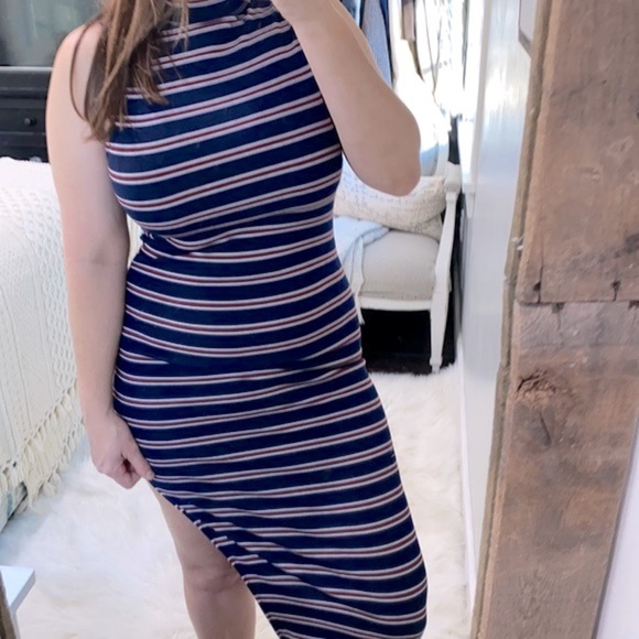LULUS Franklin navy blue striped mock turtleneck knit midi dress size large - Picture 6 of 15
